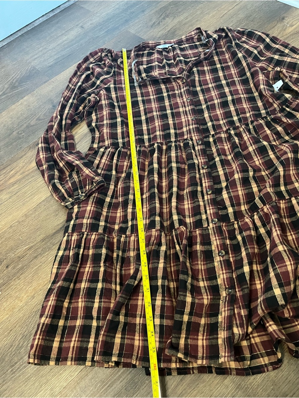 Time and Tru Burgundy & Brown Plaid Tiered Long-Sleeve Shirtdress Prairie - Picture 8 of 13
